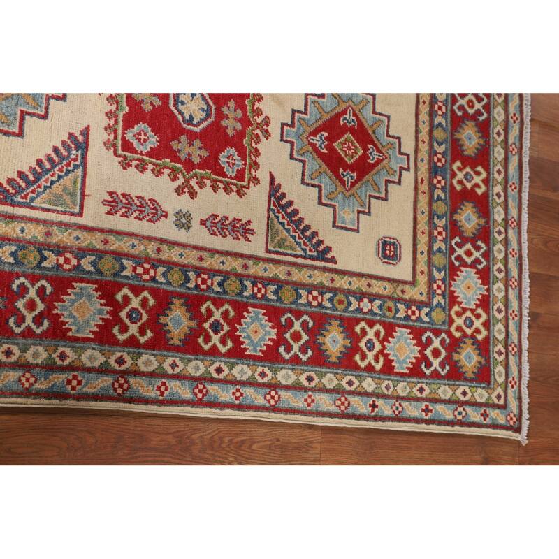 Beige / Ivory Kazak Accent Rug Hand-Knotted Geometric Wool Carpet - 3'11" x 4'11"
