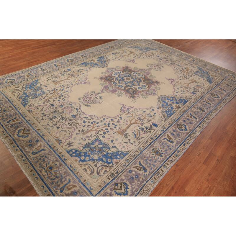 Geometric Tabriz Persian Area Rug Handmade Beige Wool Carpet - 7'8"x 11'3"