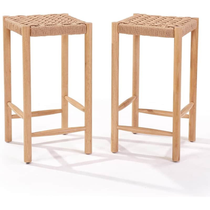 2-Pack Industrial Bar Stools 26.4" Height - Kraft Paper Cord Seats, Rubberwood Legs & Adjustable Feet