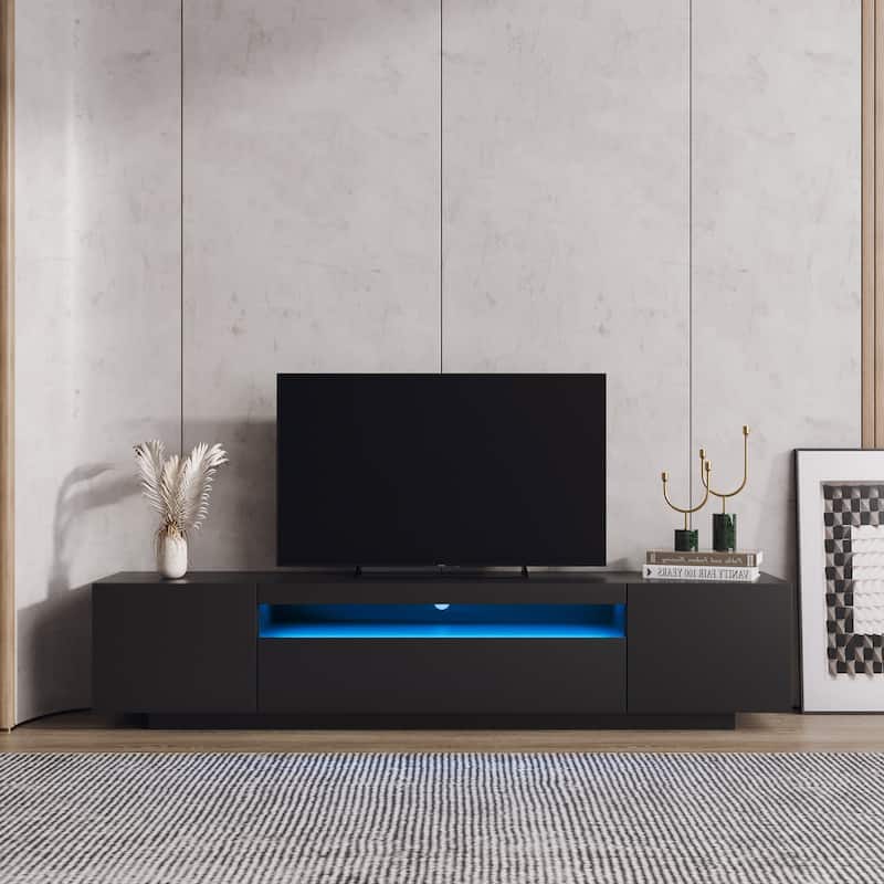 Modern LED Light TV Cabinet with Light & Storage Drawer for Living Room, Bedroom - Black