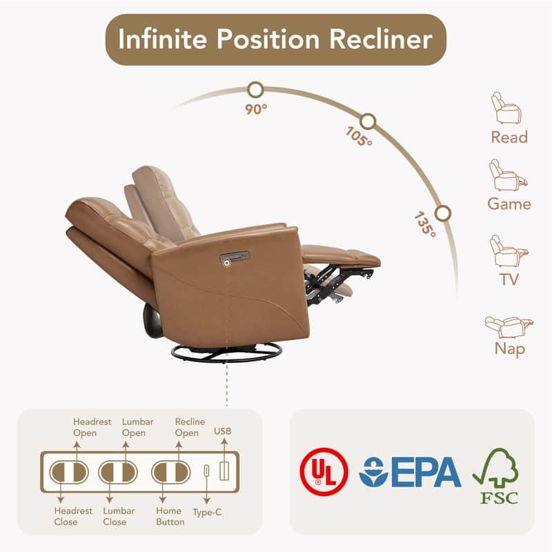 Spruce & Spring Genuine Leather Swivel Glider Recliner with Power Lumbar Support
