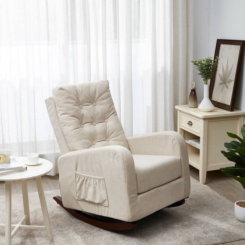 Beige Adjustable Reclining Sofa Chair with Sturdy Wood Legs, High Back Support, and Side Storage Options