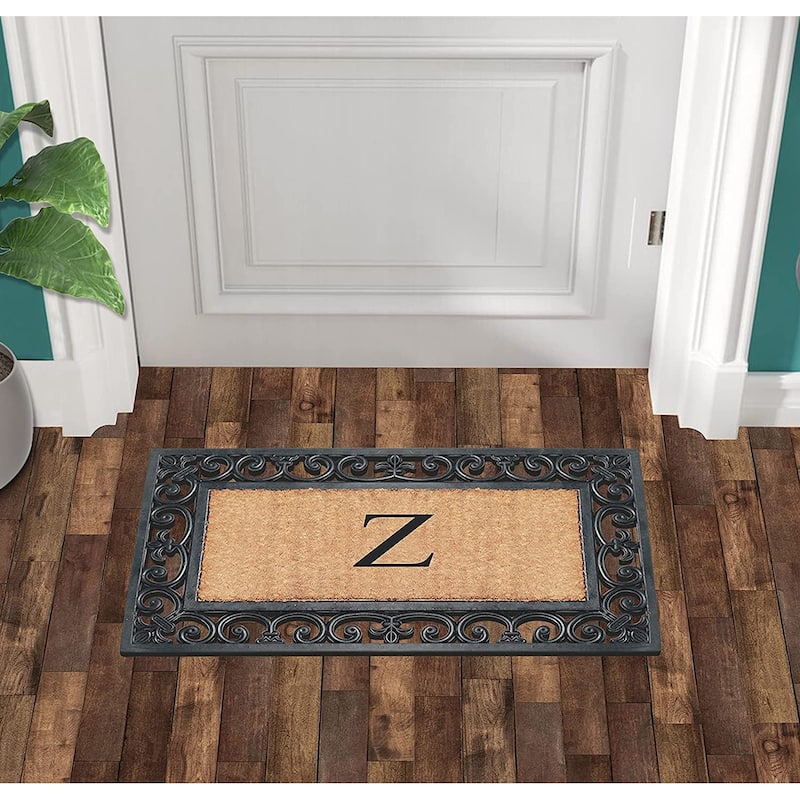 A1HC Rubber and Coir Paisley Border Monogrammed Outdoor Doormat Black, 18"X30"