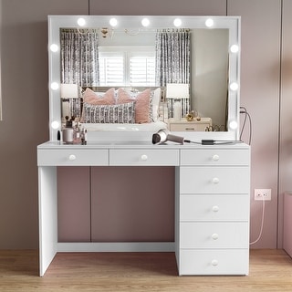 Boahaus Makeup Vanity Desk, 7 Drawers, Lights, White, USB Outlet - On ...