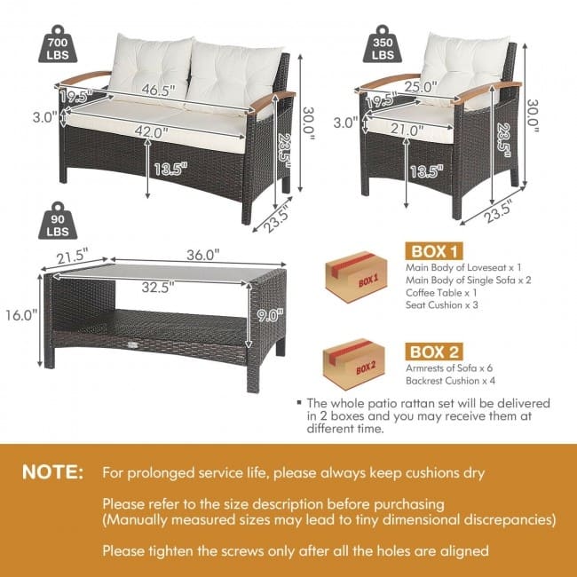 4 Pieces Patio Rattan Furniture Set with Cushioned Sofa and Storage Table - 46.5" x 23.5" x 30" (L x W x H)