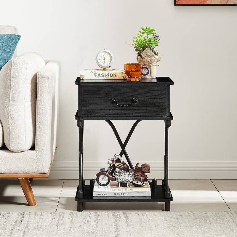Modern 1-Drawer Nightstand with Storage Shelf, X-design End Side Table, Set of 2