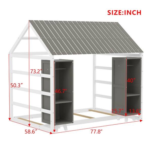 Twin Size House Bed with Fence and Roof, Kids Floor Bed with Two Movable Wardrobes