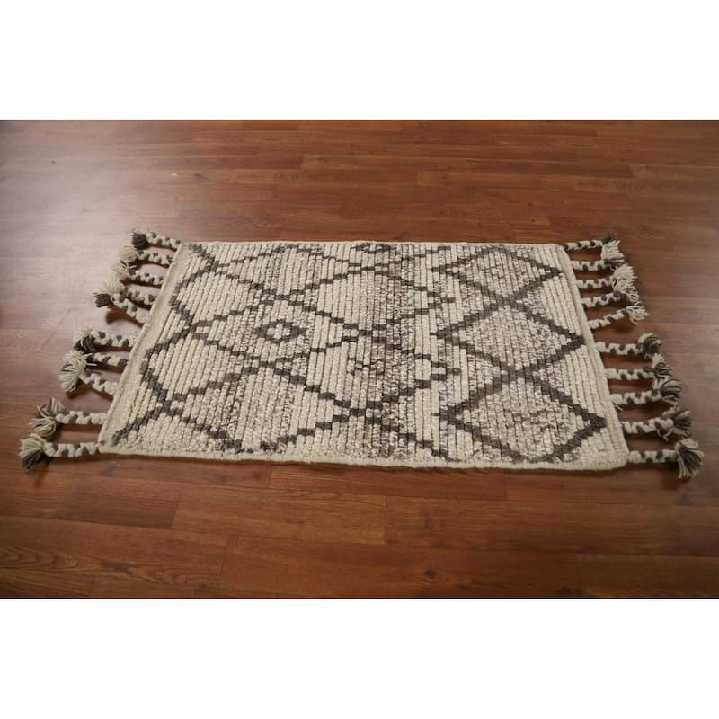 Geometric Moroccan Oriental Rug Hand-Knotted Trellis Wool Carpet - 2'0"x 3'0"