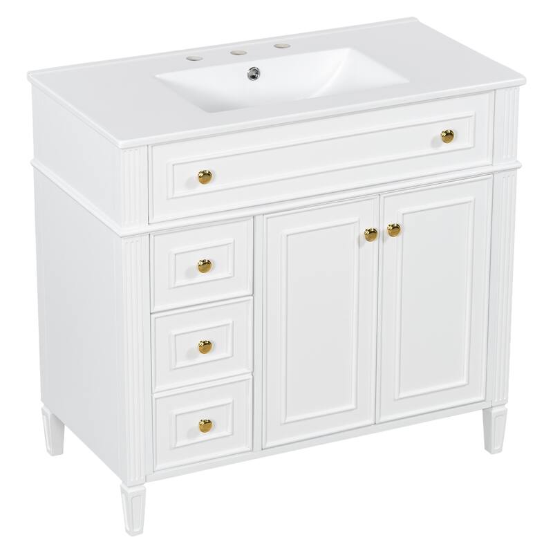 Modern 36 Inch Bathroom Vanity with Ceramic Sink, Solid Wood Frame Bathroom Storage Cabinet with Drawers and Gold Handles