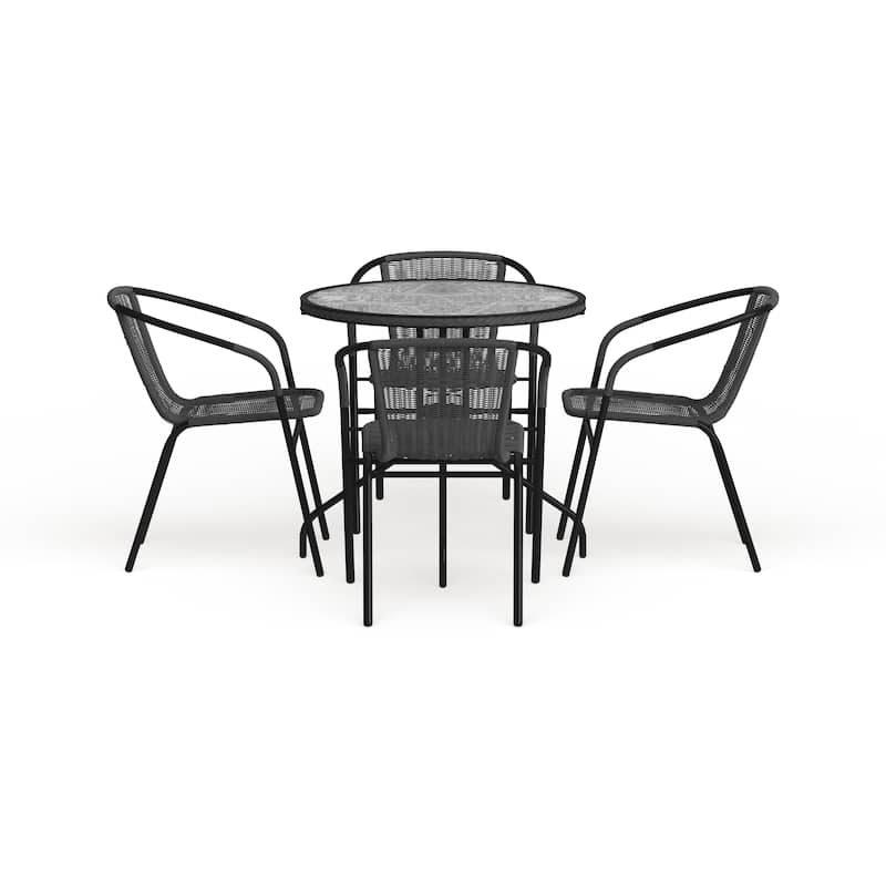 28'' Round Glass Metal Table with Rattan Edging and 4 Rattan Stack Chairs