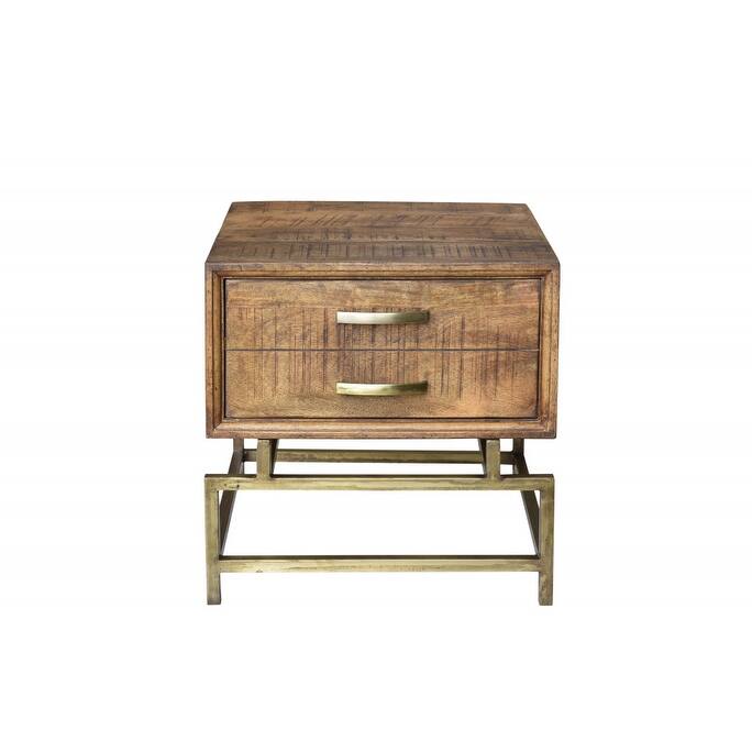 HomeRoots 21" Brass And Brown Solid Wood And Iron Square End Table With Drawer - 20