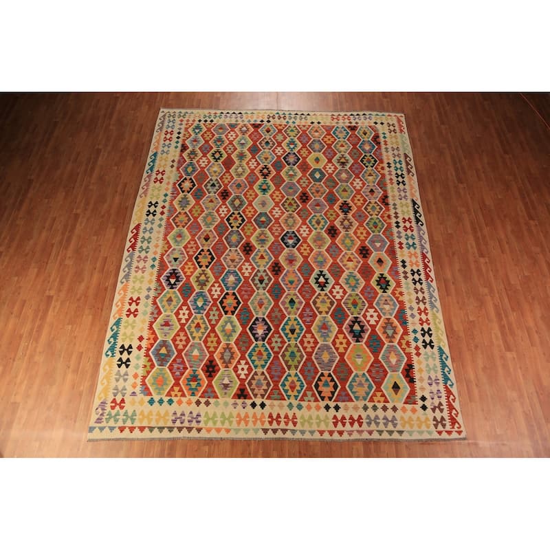 Reversable Kilim Oriental Area Rug Hand-Woven Wool Carpet - 10'3"x 13'0"