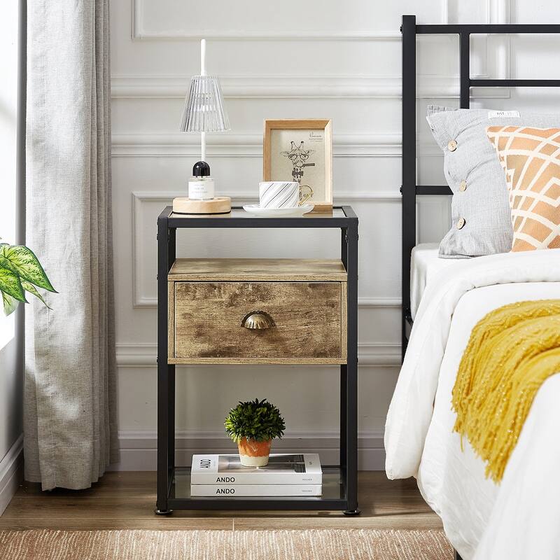 VECELO, Modern 1-Drawer Nightstand with 2-tier Glass Shelves