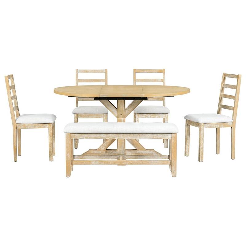 6 PCS Farmhouse Dining Table Set for 6 with Extendable Oval Table
