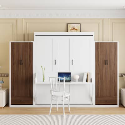 Full/Queen Size Murphy Bed with 2 Side Wardrobes, Storage Folding Bed Frame with Drawers, Built-in Table and Lights