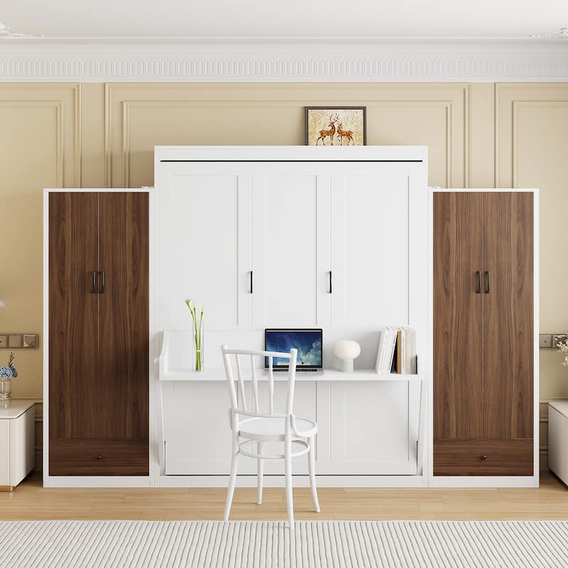 Space-Saving Murphy Bed with Built-In Desk, Closet, and Drawers, White