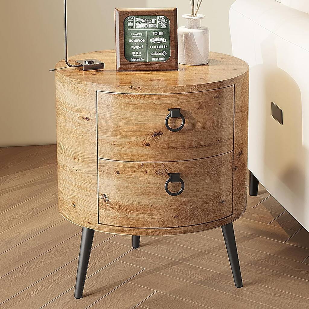 Round Side Table with Drawers, Modern Night Stand with Storage, Wooden Accent End Table