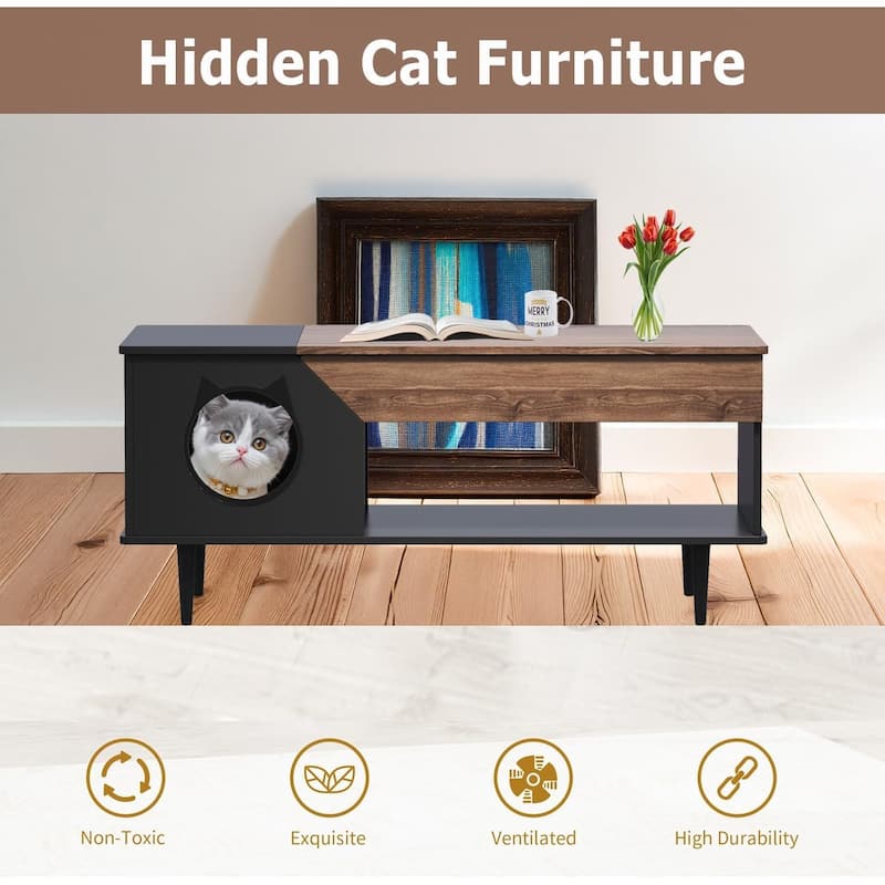 Hidden Cat Litter Box Enclosure, 45'' Coffee Table with Cat House