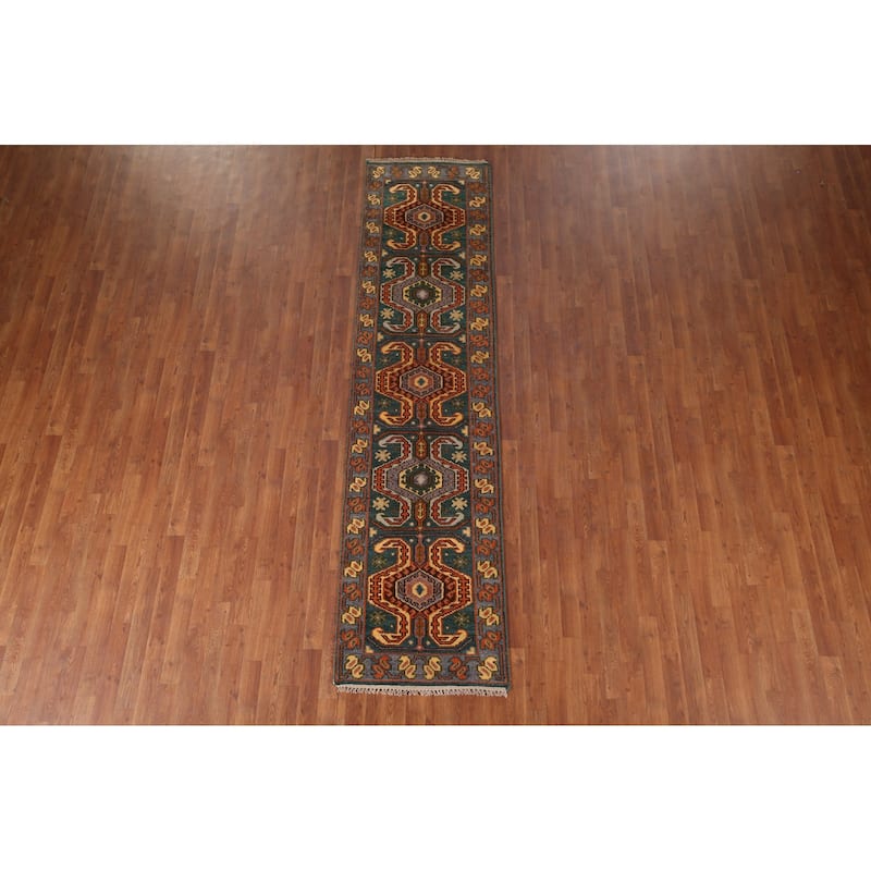 Green Geometric Kazak Indian Runner Rug Hand-Knotted Wool Carpet - 2'5"x 9'9"