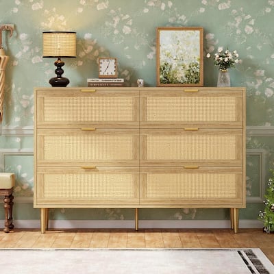 6 Drawers Tall Rattan Dresser, with Metal Legs and Handles