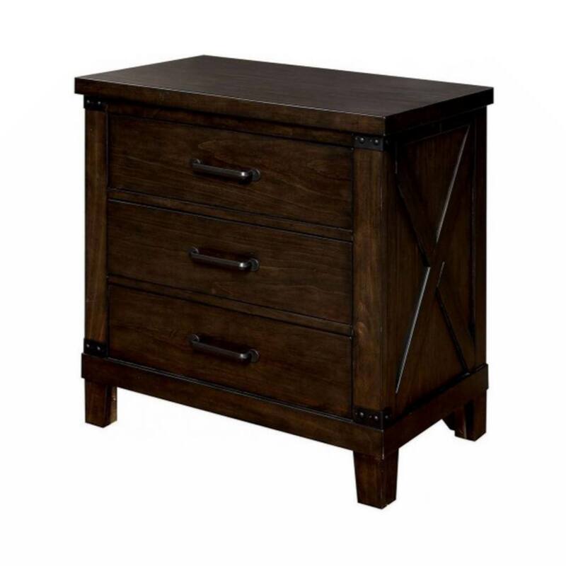Rustic Style Dark Walnut Finish 1pc Nightstand Bedroom Furniture Solid wood 3-Drawers bedside Table Black Bar Pulls - Walnut