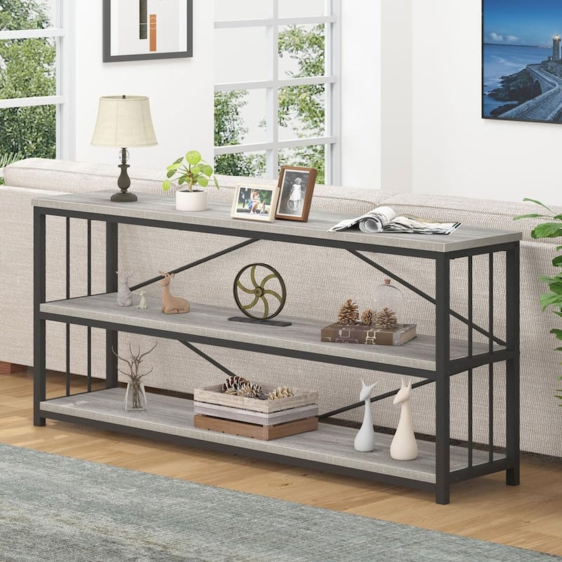 Extra Long 3Tier Sofa Table, Industrial Console Table with Shelf