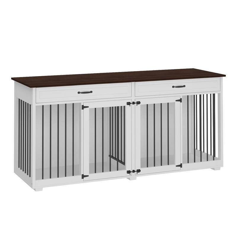 Elegant White Dog Crate with Dual Compartments and Storage Drawers