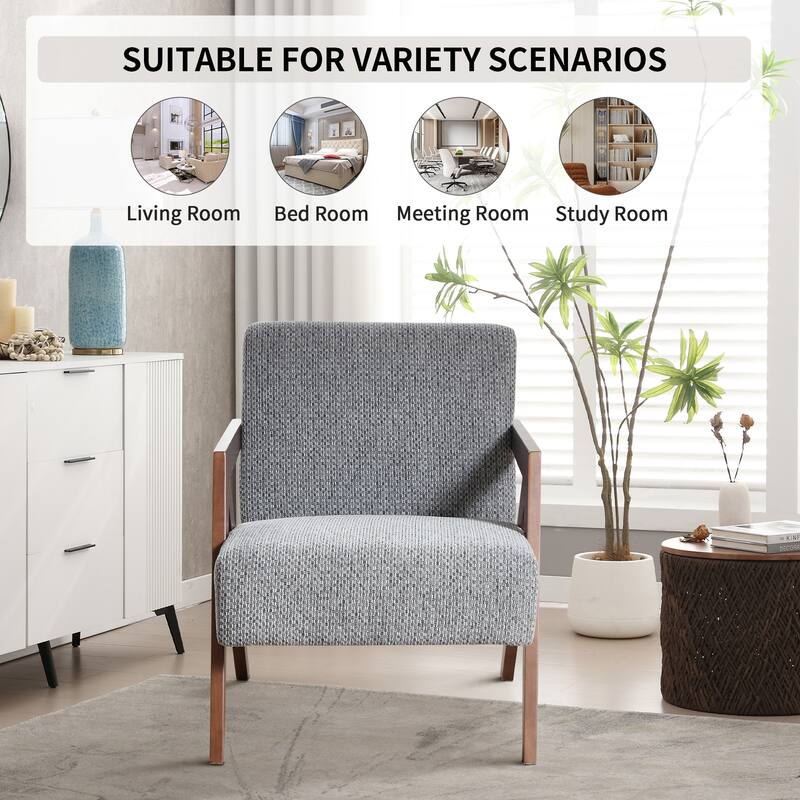 Accent Chair with Wood Frame, Upholstered Reading Armchair with Soft Linen Fabric, Accent Chair for Living Room Bedroom