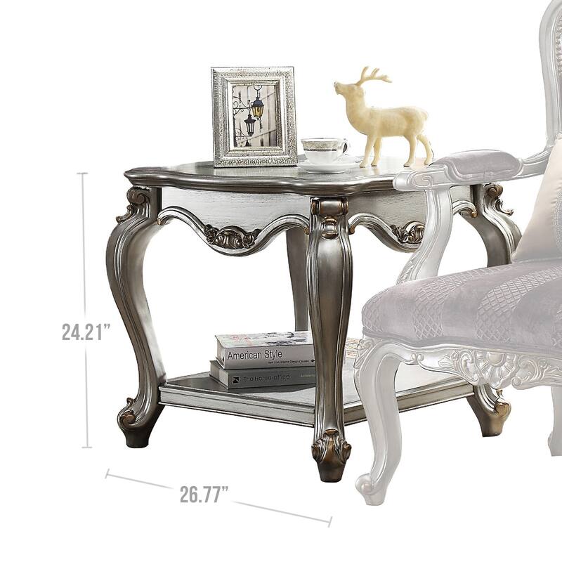 Side End Table, Scalloping, Polyresin Carvings and Bottom Shelf, Silver