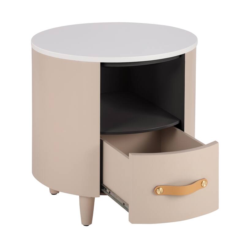 Round Nightstand with Storage Drawer, Sofa End Table Bedroom Bedside Table