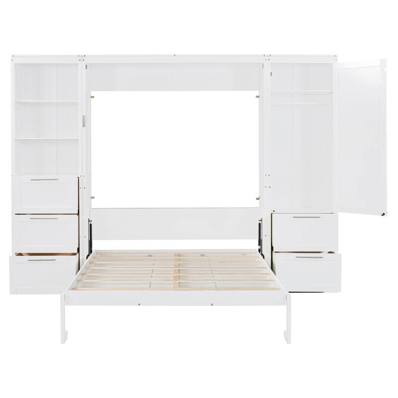 Queen Murphy Bed with Side Flip, Storage Cabinet, Wardrobe and Drawers, Foldable Wall Bed with Top Shelf and Under-Bed Storage