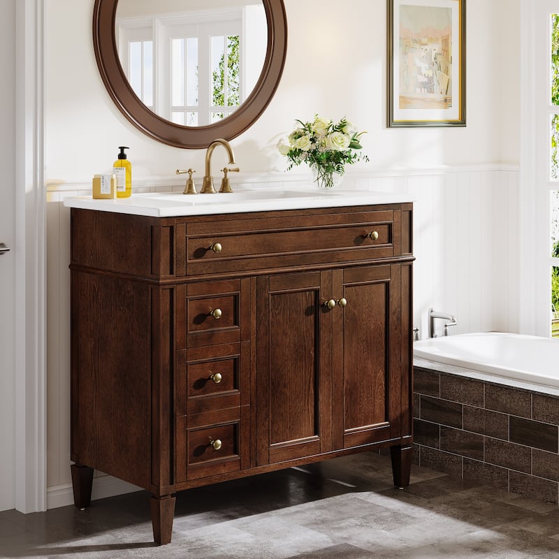 36'' Freestanding Bathroom Vanity with Integrated Ceramic Sink, Tip-Out Drawer, Door Organizer