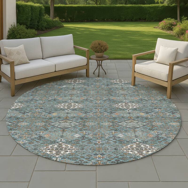 Machine Washable Indoor/ Outdoor Global Bidunga Chantille Rug - Teal - 8' x 8'