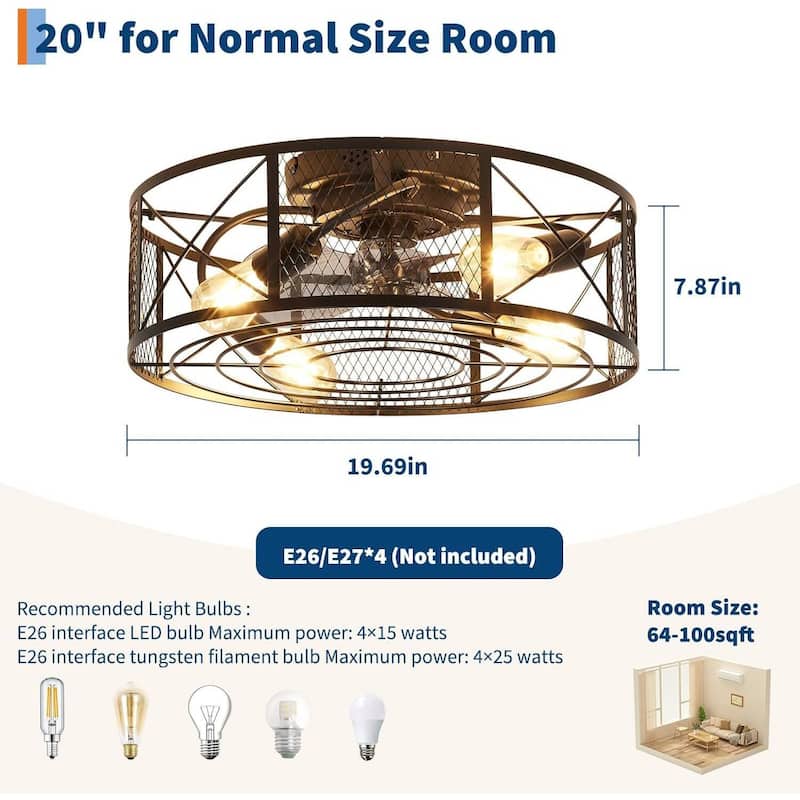 20″ 6-Speed Boho Fandelier Caged Ceiling Fan with Light, Bladeless Flush Mount Fan Lights for Bedroom