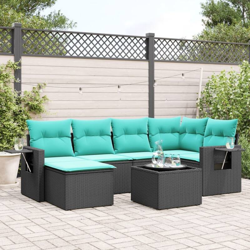 vidaXL Patio Sofa Set with Cushions Outdoor Conversation Furniture Poly Rattan - 24.4 x 24.4 x 27.2 - Black and Blue-With table