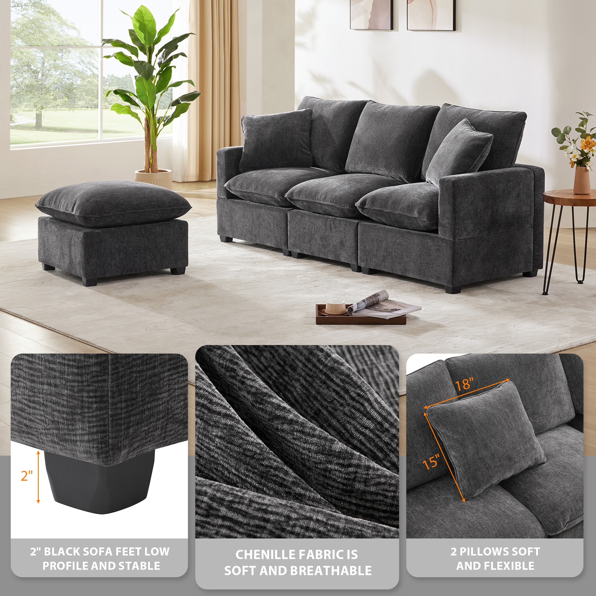 84 Modular Sofa Set with Ottoman 2 Pillows Free Combination L Shape Chenille Sectional Sofa for Livingroom Black Grey Bed Bath Beyond 40962719