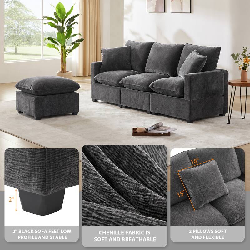 84" Modular Sofa Set with Ottoman & 2 Pillows, Free Combination 4 Seats L-Shape Chenille Sectional Sofa for Livingroom Apartment - Black+Grey