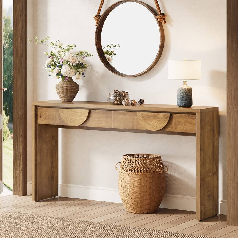 63-Inch Farmhouse Console Table with 2 Drawers for Entryway, Sofa Table Behind the Couch - 62.99" L x 13.77" D x 35.43" H - Rustic Brown
