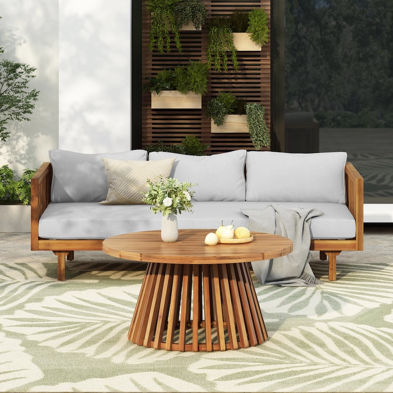 Christopher Knight Home - Elysian Patio Acacia Wood Coffee Table and Daybed Set - Teak Finish + Light Gray Cushion
