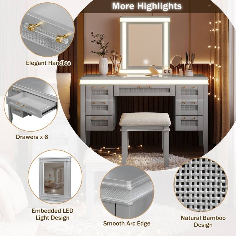 48" Dresser with Mirror, LED Light Strips, 7 Drawers and Stool