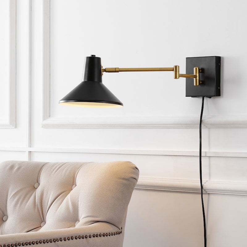 Max Swing Arm 1-Light Modern Midcentury Iron USB Charging Port LED Sconce, by JONATHAN Y - Black