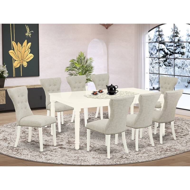 Small Dining Table Set with 8 Chairs - Linen White Finish - Hardwood Frame - Butterfly Leaf Table - Modern Dinette Set - 78