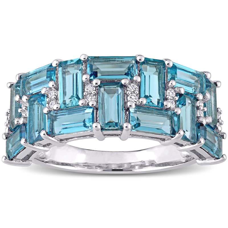 Miadora 10k White Gold Baguette London-Blue Topaz & 1/10ct Diamond Semi-Eternity Wedding Band Ring