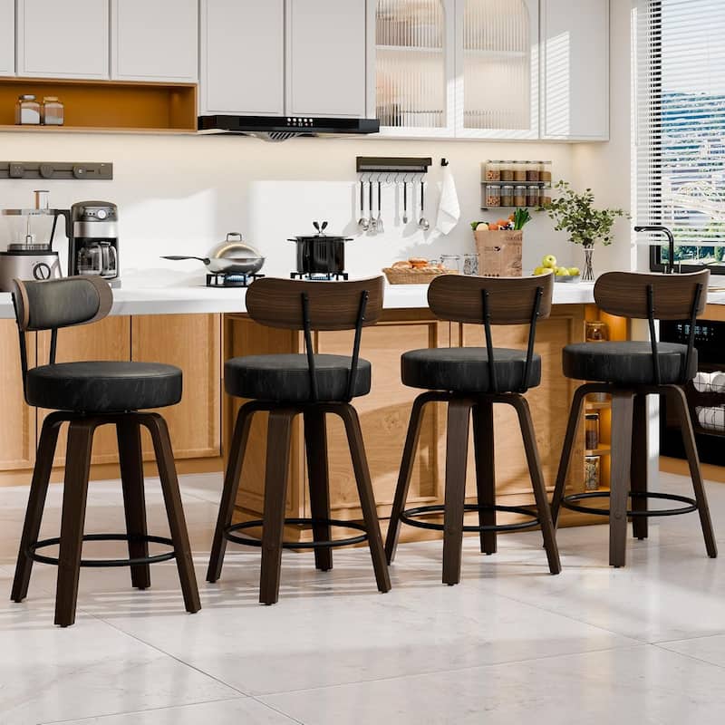 XINMICS 26 Inches Swivel Counter Height Bar Stools with Faux Leather Upholstered Pad Wood Back, Set of 2/3/4 - Set of 4 - Black - Counter Height