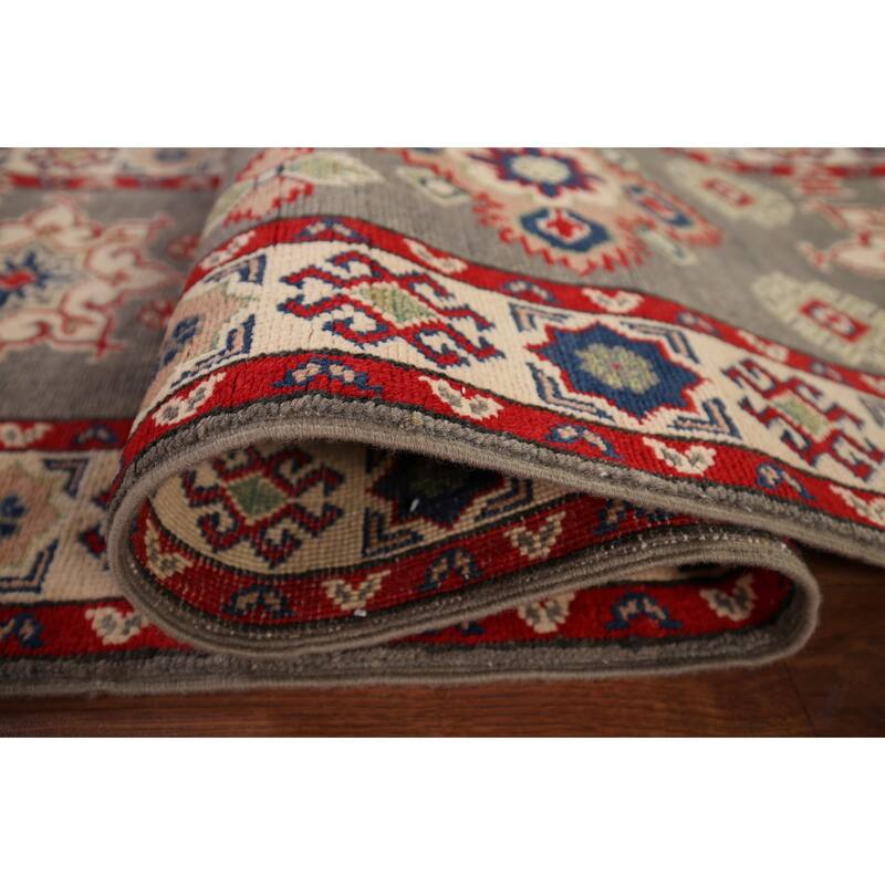 Geometric Kazak Runner Rug Hand-Knotted Oriental Grey Wool Carpet - 2'2" x 19'2"