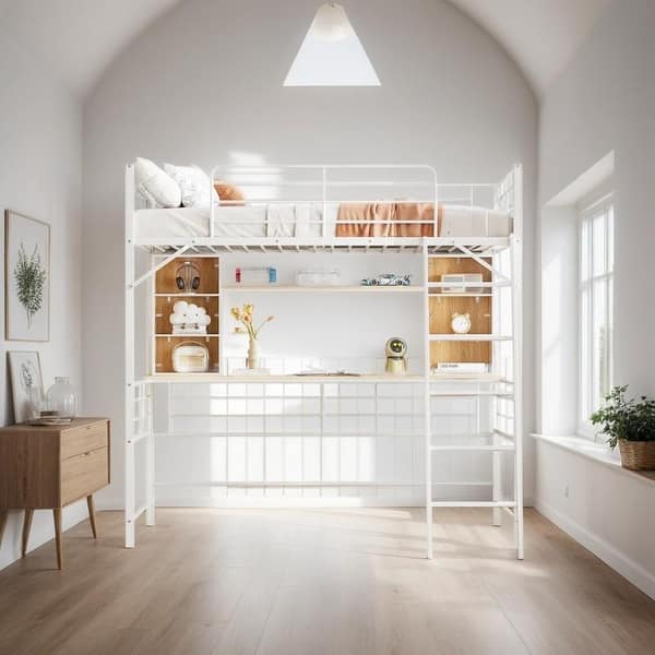 slide 2 of 26, Full Size Loft Bed with Desk and Shelf , Loft Bed with Ladder, White White