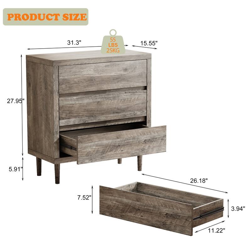 Dresser with 3 Drawers - Wooden Chest of Drawer for Bedroom,Tall Nightstand Side Table,Grey Oak Storage Drawer Cabinet