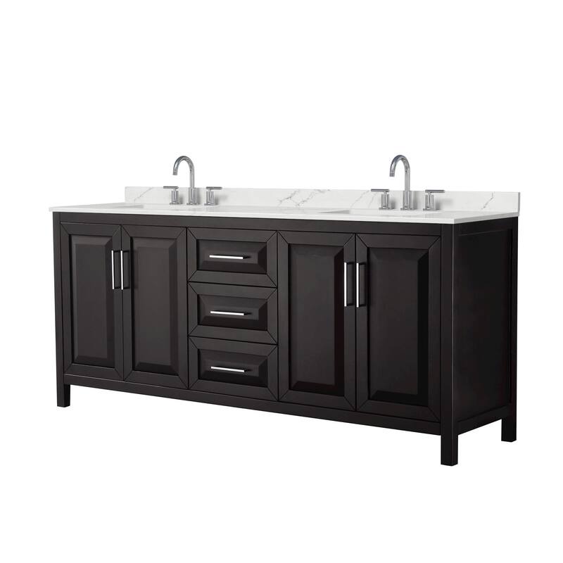 Daria 80-inch Double Vanity, 3 Hole Quartz Top - Dark Espresso, Chrome Trim, Giotto Quartz Top