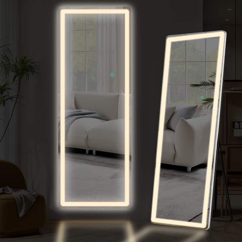 Rectangle Aluminum Alloy Frame Full Length Mirror with Stand & Dimmable 3-Color Lighting for Bedroom Cloakroom