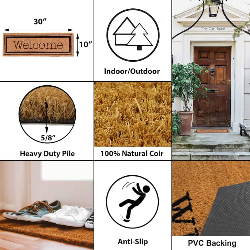 Welcome 30x10 Long Sheltered Front Door Mat Coco Natural